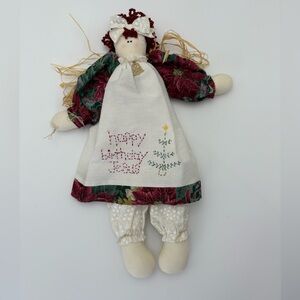 Festive Vintage Handmade Christmas Doll with Embroidered Dress